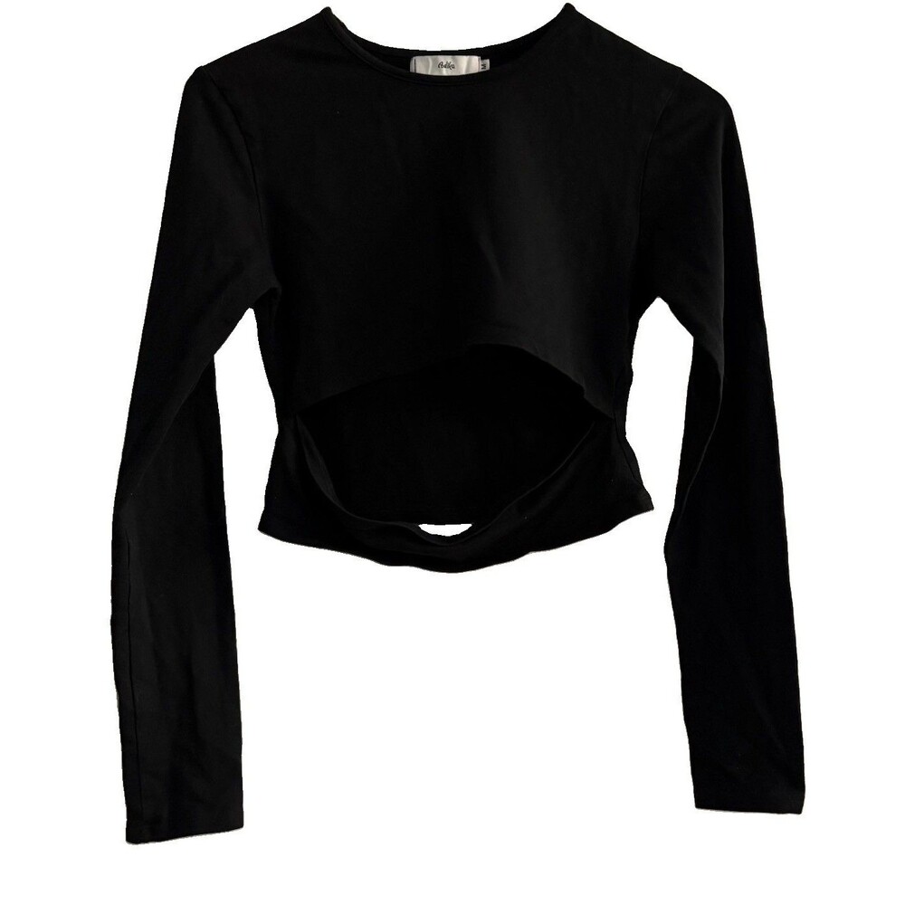 Adika Women’s Black Solid Crew Neck Long Sleeve Cutout Cropped Top Size M